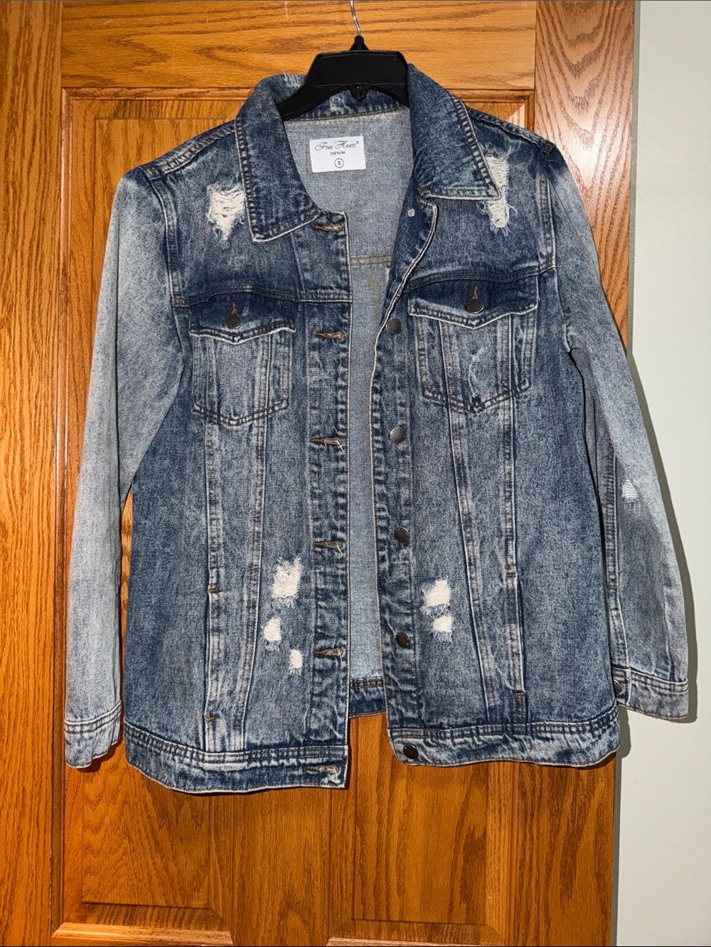 Free Heart Washed Blue Distressed Denim Jacket